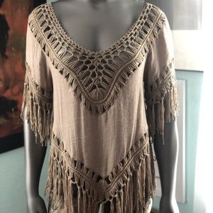 CECICO crochet boho brown taupe blouse. Size S.